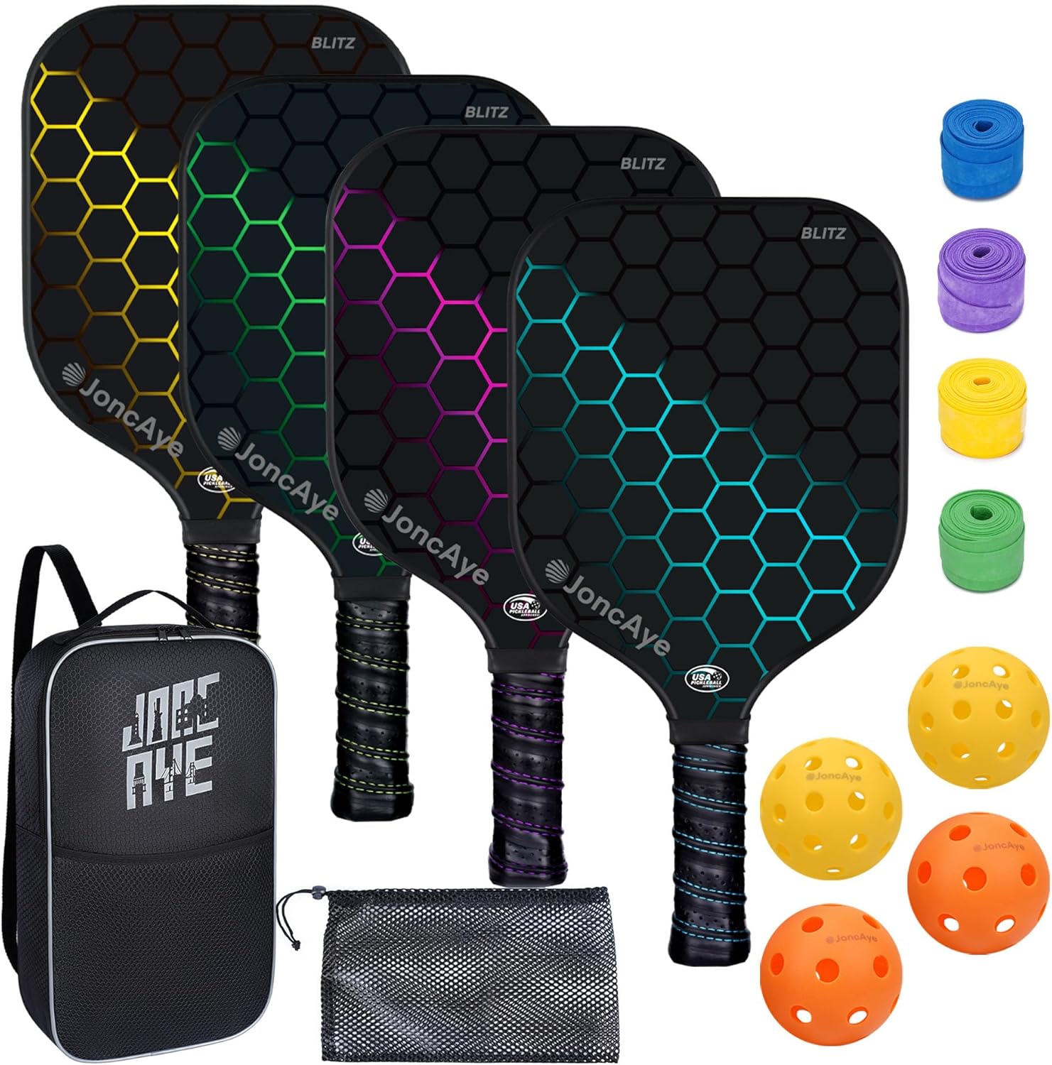 JoncAye USAPA Approved Fiberglass Pickleball Paddles Set (2 or 4 Pack)