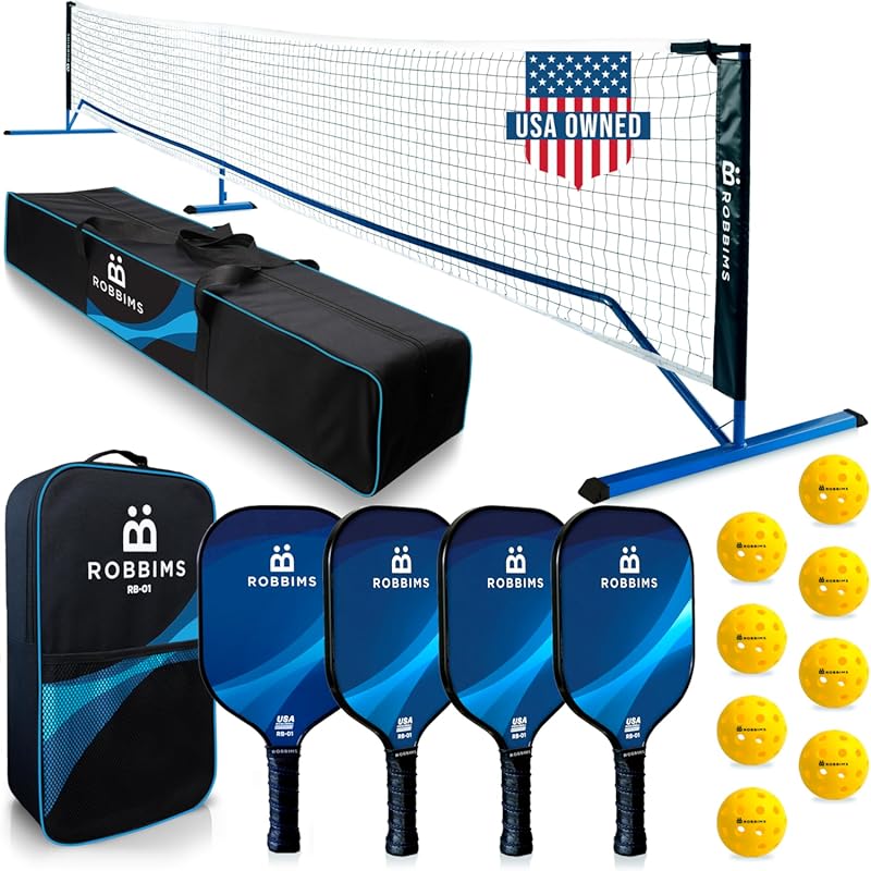 ROBBIMS Portable Regulation Pickleball Set: Net, 4 Carbon Fiber Paddle